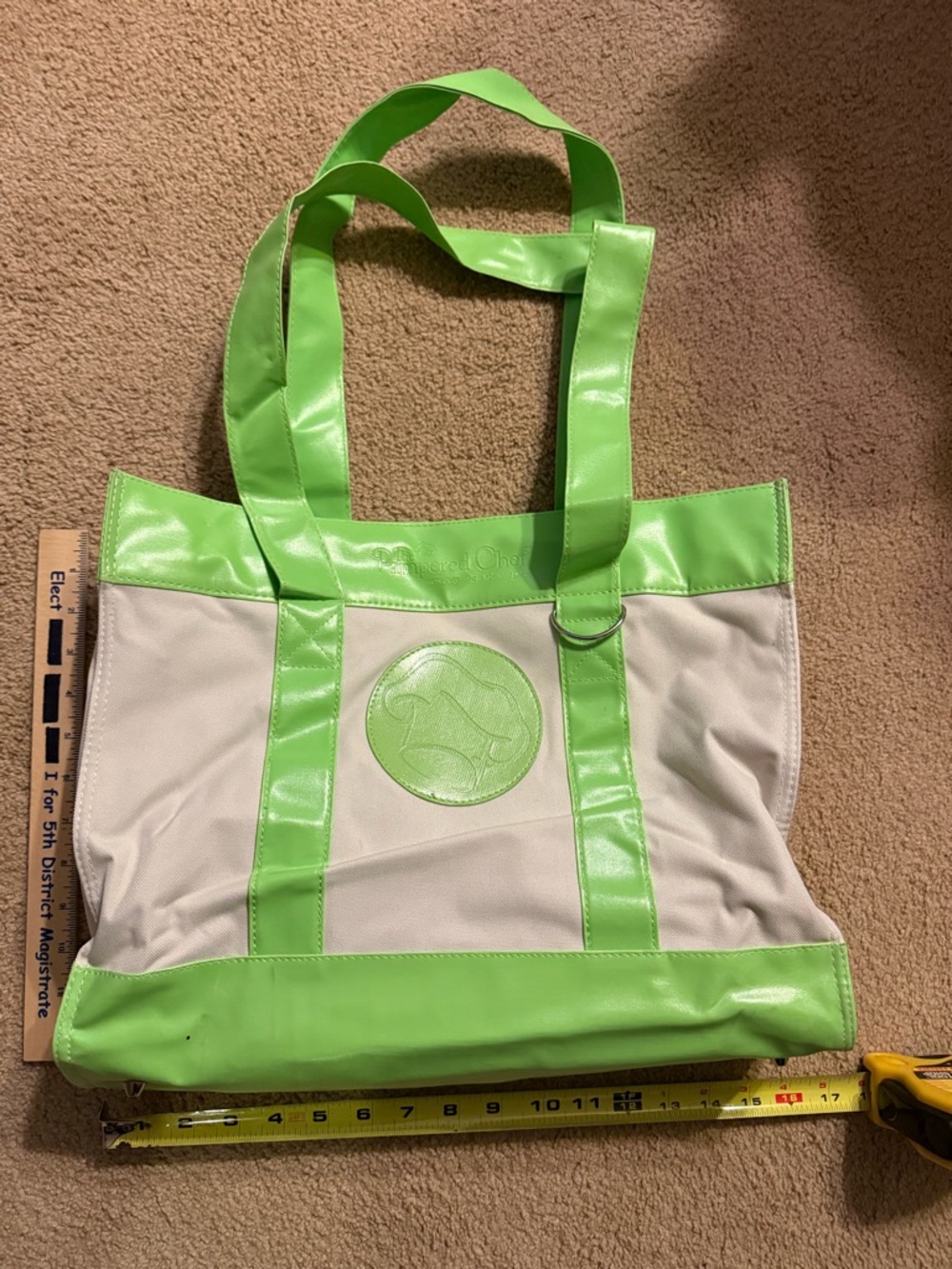 The Pampered Chef Green and Cream Logo Tote Bag